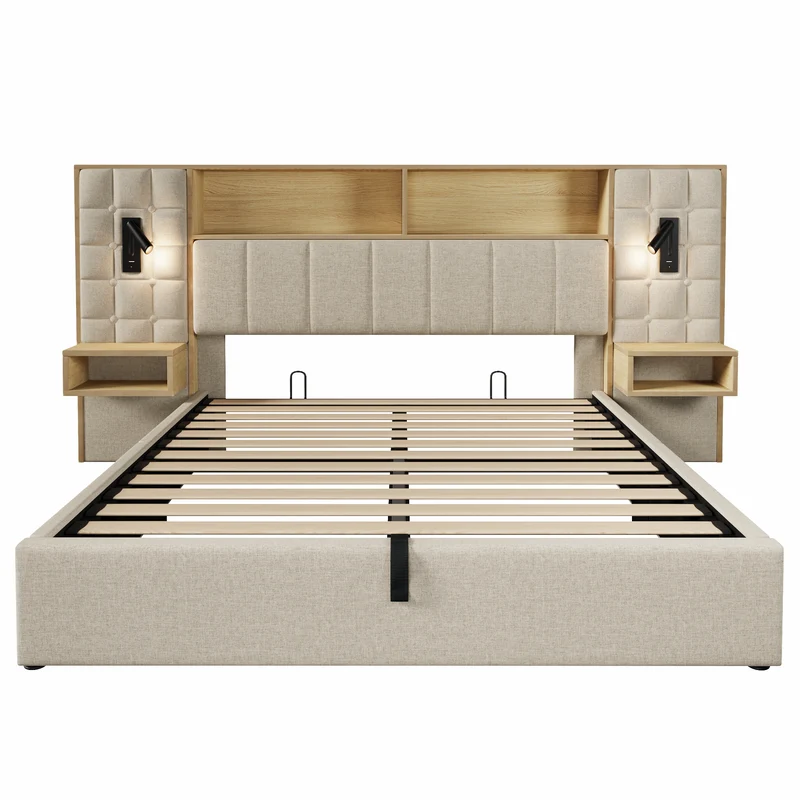 Lit coffre king en lin beige avec tables de chevet suspendues, lampes de lecture et ports USB 160x200cm MINIMALISTOTTOMANART