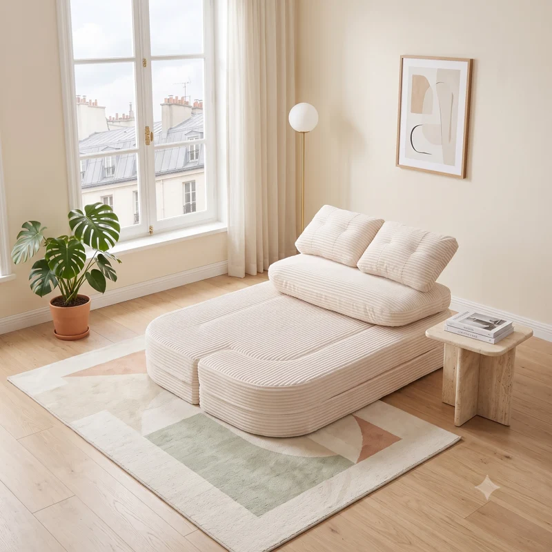 Fauteuil canapé convertible modulable en velours côtelé beige avec porte-gobelets intégrés MINIMALISTCUSHIONART
