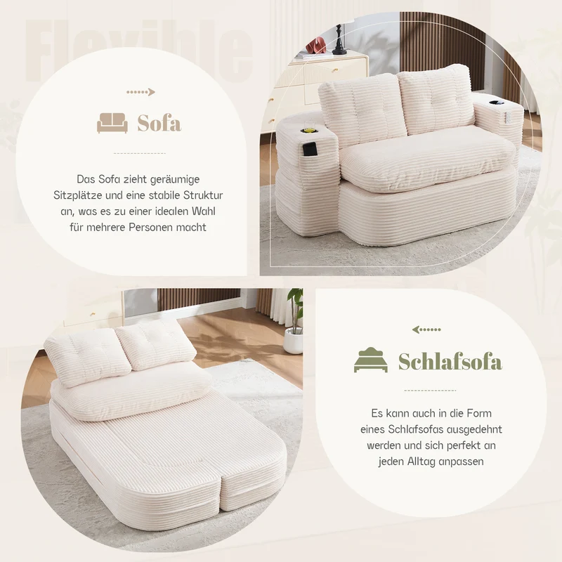 Fauteuil canapé convertible modulable en velours côtelé beige avec porte-gobelets intégrés MINIMALISTCUSHIONART