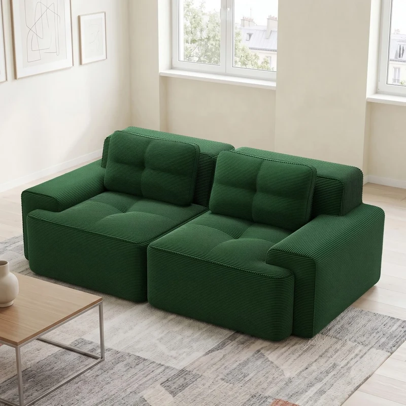 Canapé modulable 2 places en velours côtelé vert 204x104cm MINIMALISTCORNERSET