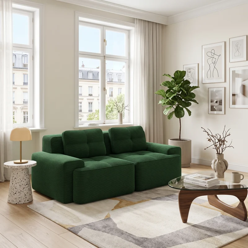Canapé modulable 2 places en velours côtelé vert 204x104cm MINIMALISTCORNERSET