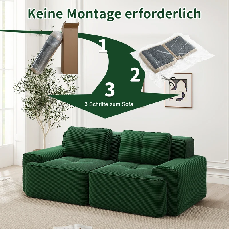 Canapé modulable 2 places en velours côtelé vert 204x104cm MINIMALISTCORNERSET