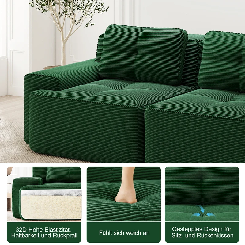 Canapé modulable 2 places en velours côtelé vert 204x104cm MINIMALISTCORNERSET