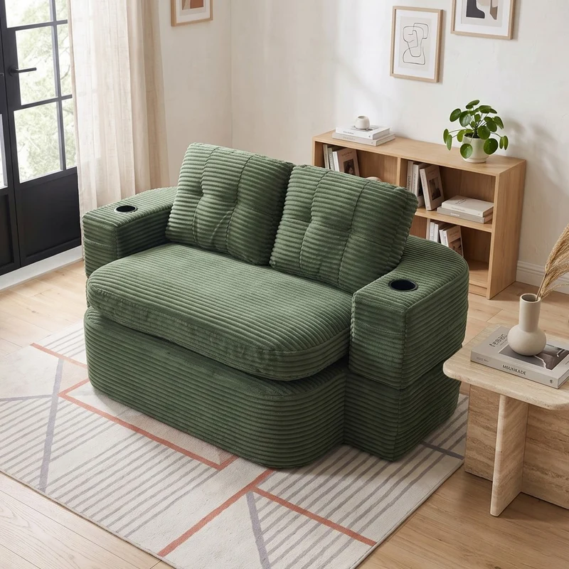 Fauteuil canapé convertible modulable en velours côtelé émeraude avec porte-gobelets intégrés MINIMALISTCUSHIONSET