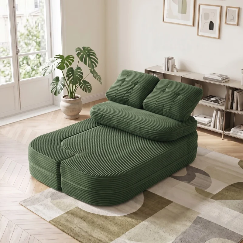 Fauteuil canapé convertible modulable en velours côtelé émeraude avec porte-gobelets intégrés MINIMALISTCUSHIONSET