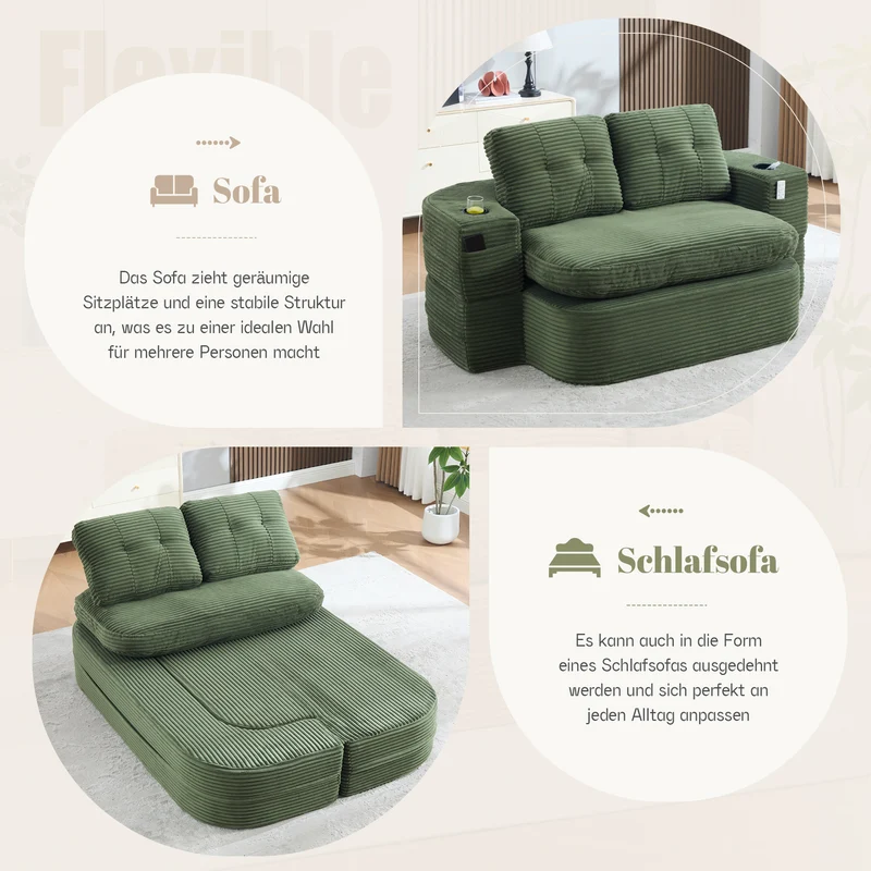 Fauteuil canapé convertible modulable en velours côtelé émeraude avec porte-gobelets intégrés MINIMALISTCUSHIONSET