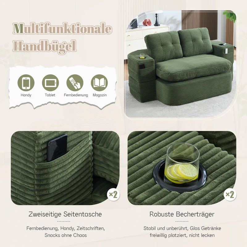 Fauteuil canapé convertible modulable en velours côtelé émeraude avec porte-gobelets intégrés MINIMALISTCUSHIONSET