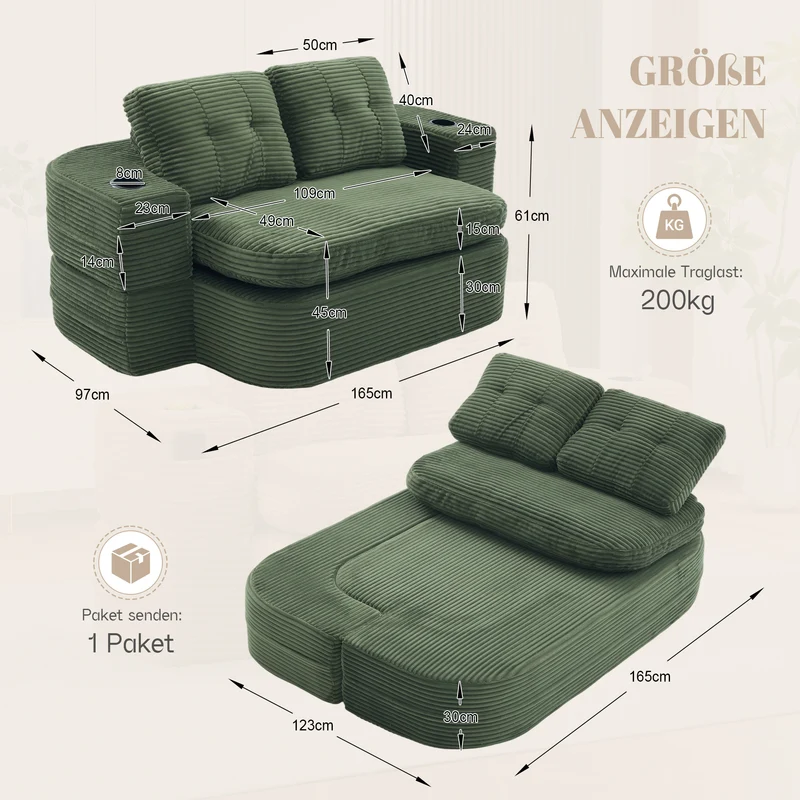 Fauteuil canapé convertible modulable en velours côtelé émeraude avec porte-gobelets intégrés MINIMALISTCUSHIONSET
