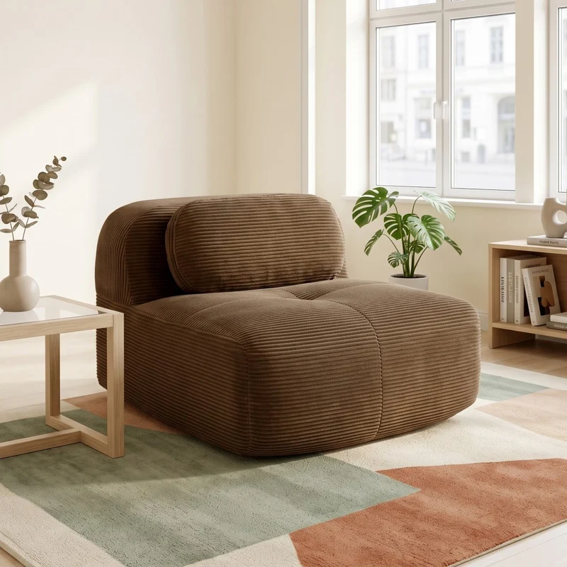 Fauteuil canapé 1 place sans accoudoirs en velours côtelé marron, sans montage MINIMALISTCONSOLEHOM