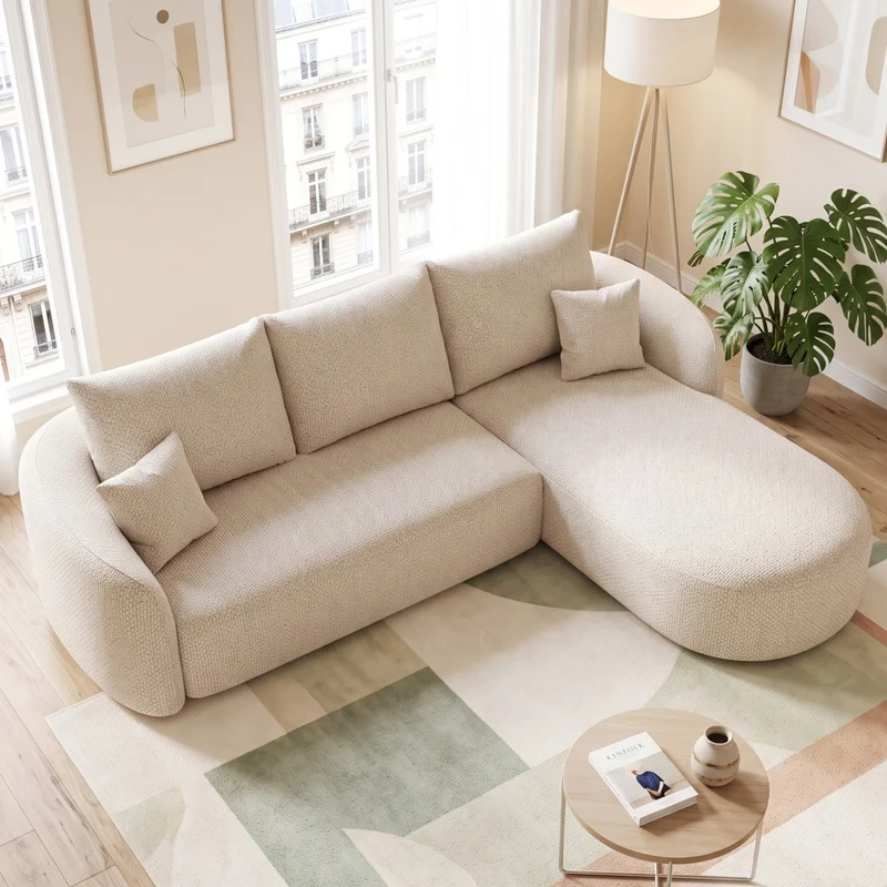 Canapé d’angle blanc 3 places de 266 cm en tissu à motif tissé, sans montage MINIMALISTCHAIRHOME
