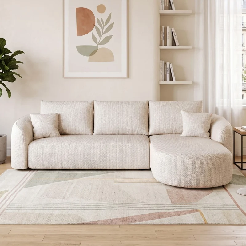 Canapé d’angle blanc 3 places de 266 cm en tissu à motif tissé, sans montage MINIMALISTCHAIRHOME