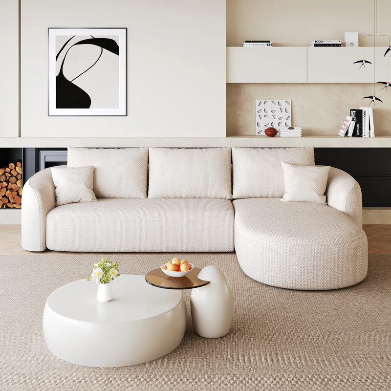 Canapé d’angle blanc 3 places de 266 cm en tissu à motif tissé, sans montage MINIMALISTCHAIRHOME