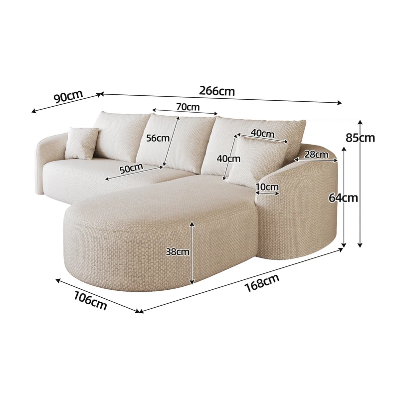 Canapé d’angle blanc 3 places de 266 cm en tissu à motif tissé, sans montage MINIMALISTCHAIRHOME