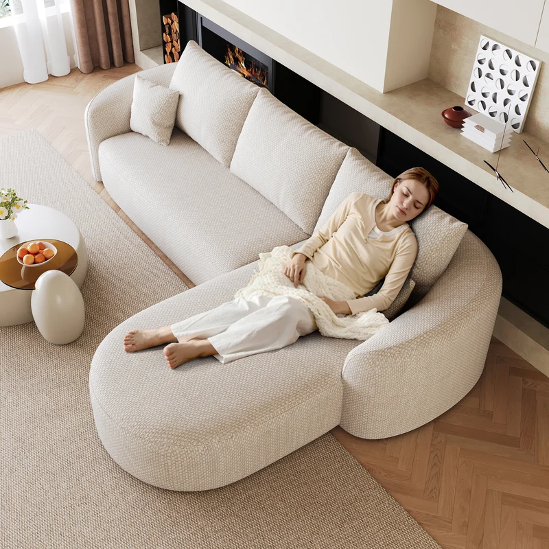 Canapé d’angle blanc 3 places de 266 cm en tissu à motif tissé, sans montage MINIMALISTCHAIRHOME