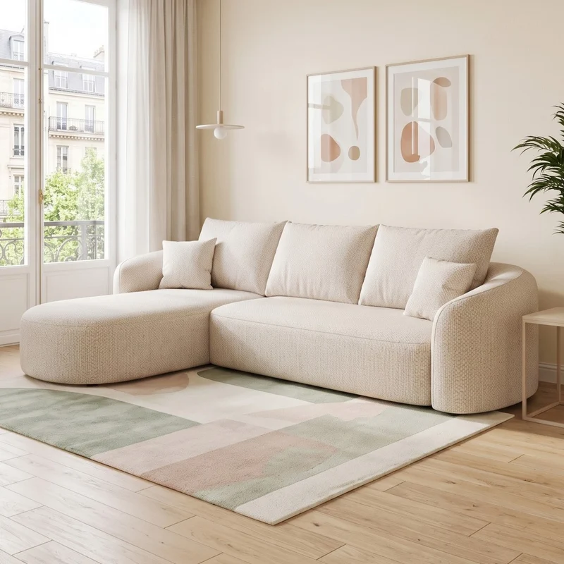Canapé d’angle blanc 3 places de 266 cm en tissu à motif tissé, sans montage MINIMALISTCHAIRSET