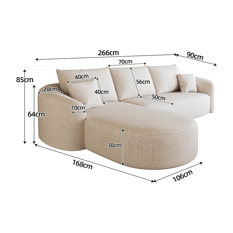 Canapé d’angle blanc 3 places de 266 cm en tissu à motif tissé, sans montage MINIMALISTCHAIRSET