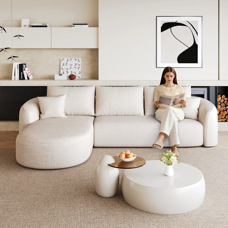Canapé d’angle blanc 3 places de 266 cm en tissu à motif tissé, sans montage MINIMALISTCHAIRSET