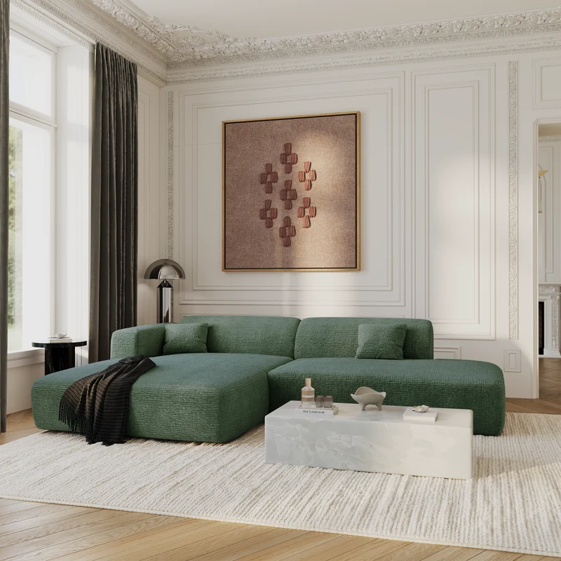Canapé angle gauche ouvert MYRA velours à motifs