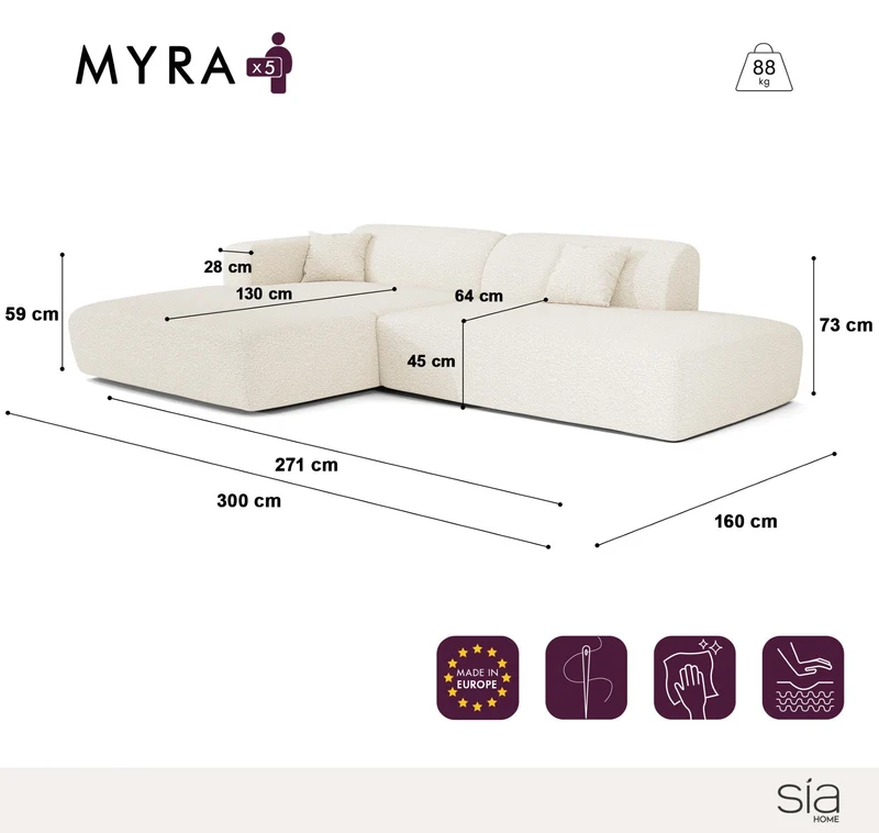 Canapé angle gauche ouvert MYRA tissu bouclette