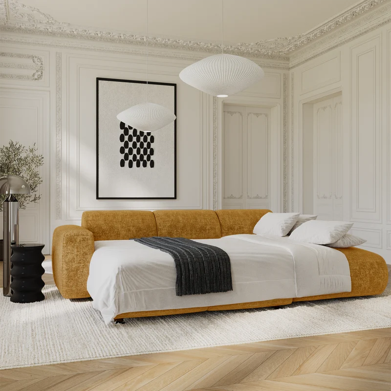 Canapé grand angle droit convertible LIVA Velours gaufré
