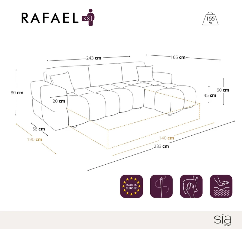 Canapé d'angle droit convertible express matelas Dunlopillo 140cm RAFAEL velours