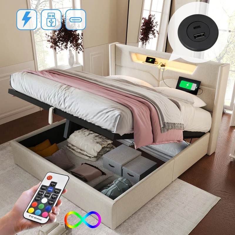 Lit double 140x200cm en lin beige avec LED, rangement, ports USB-C – Design moderne et confortable