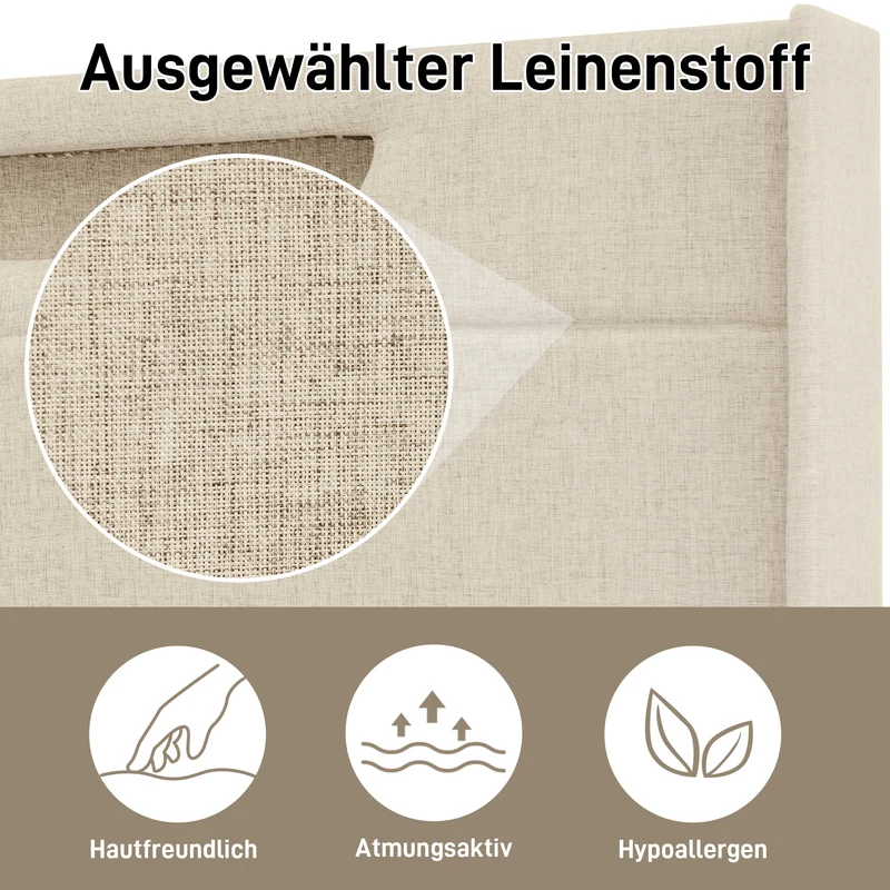 Lit double 140x200cm en lin beige avec LED, rangement, ports USB-C – Design moderne et confortable