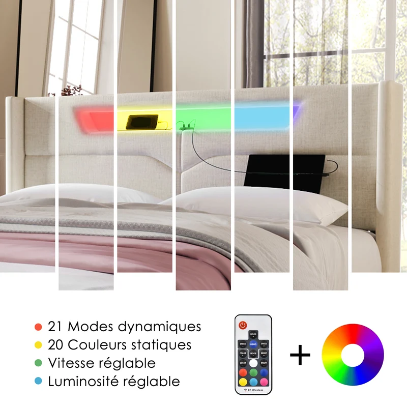 Lit double 140x200cm en lin beige avec LED, rangement, ports USB-C – Design moderne et confortable