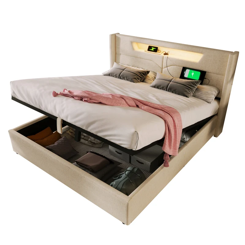 Lit double 140x200cm en lin beige avec LED, rangement, ports USB-C – Design moderne et confortable