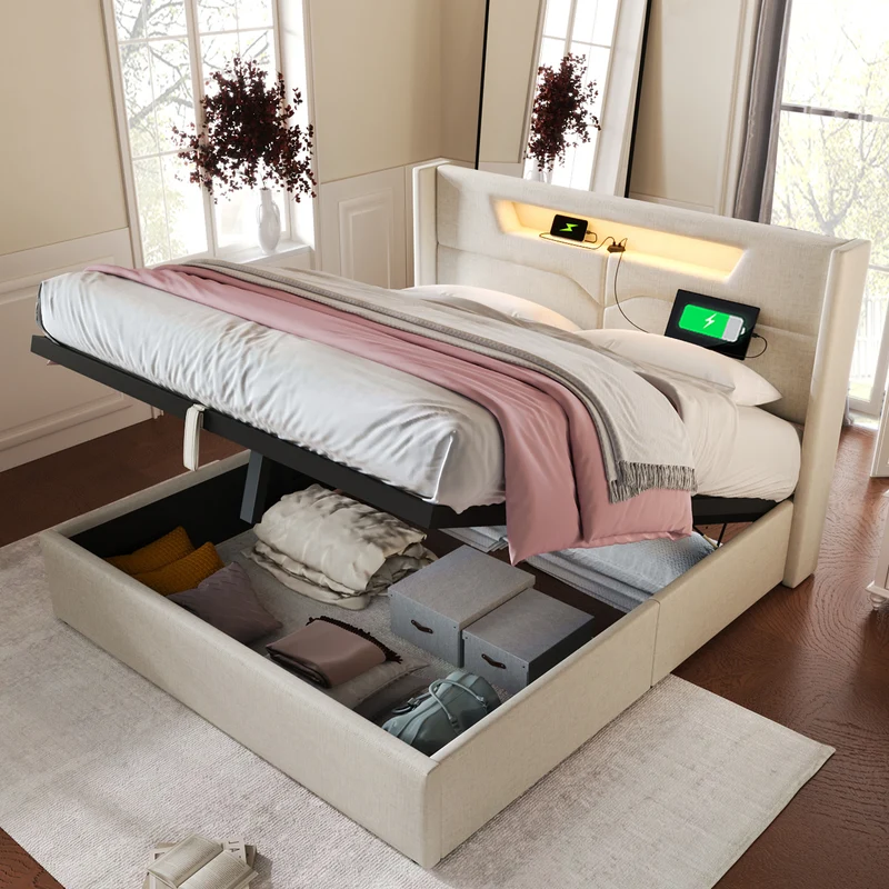 Lit double 140x200cm en lin beige avec LED, rangement, ports USB-C – Design moderne et confortable