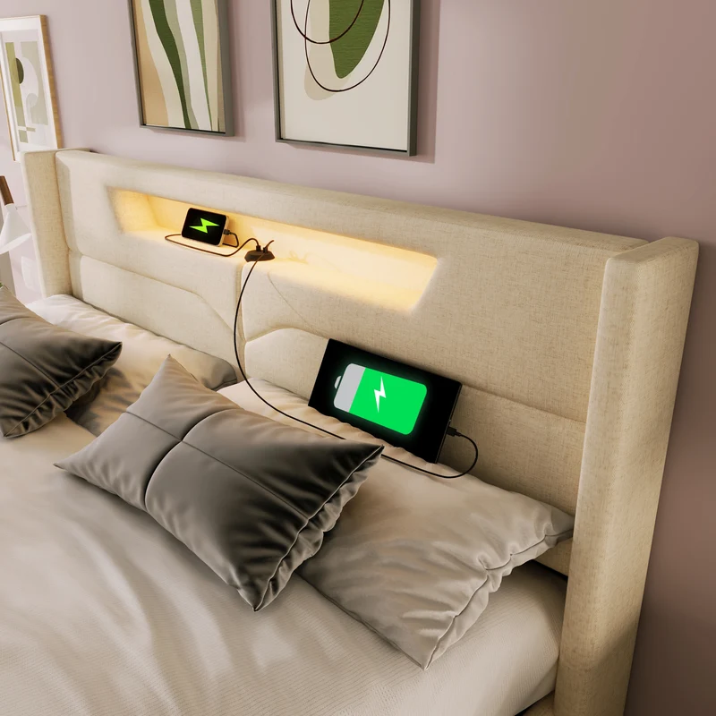Lit double 140x200cm en lin beige avec LED, rangement, ports USB-C – Design moderne et confortable