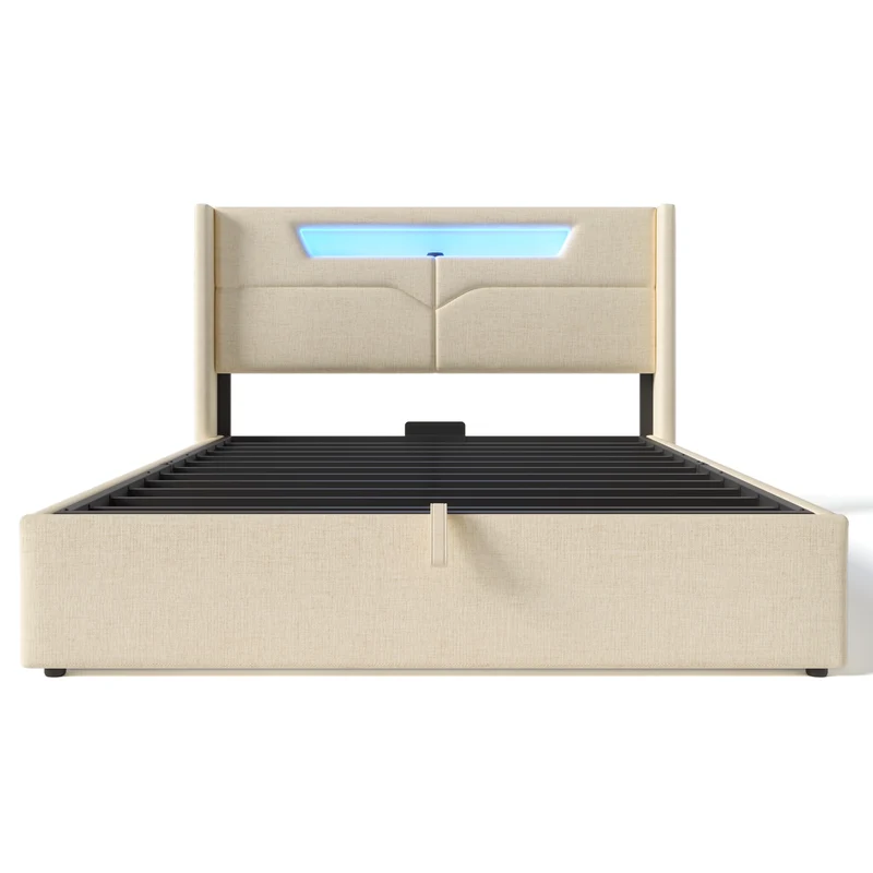 Lit double 140x200cm en lin beige avec LED, rangement, ports USB-C – Design moderne et confortable