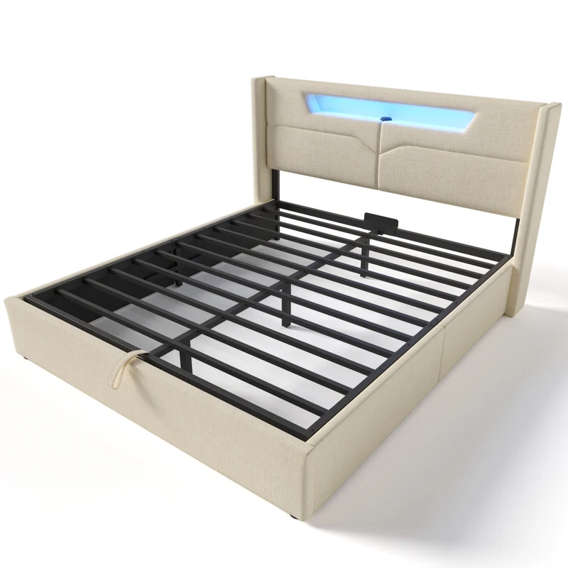 Lit double 140x200cm en lin beige avec LED, rangement, ports USB-C – Design moderne et confortable