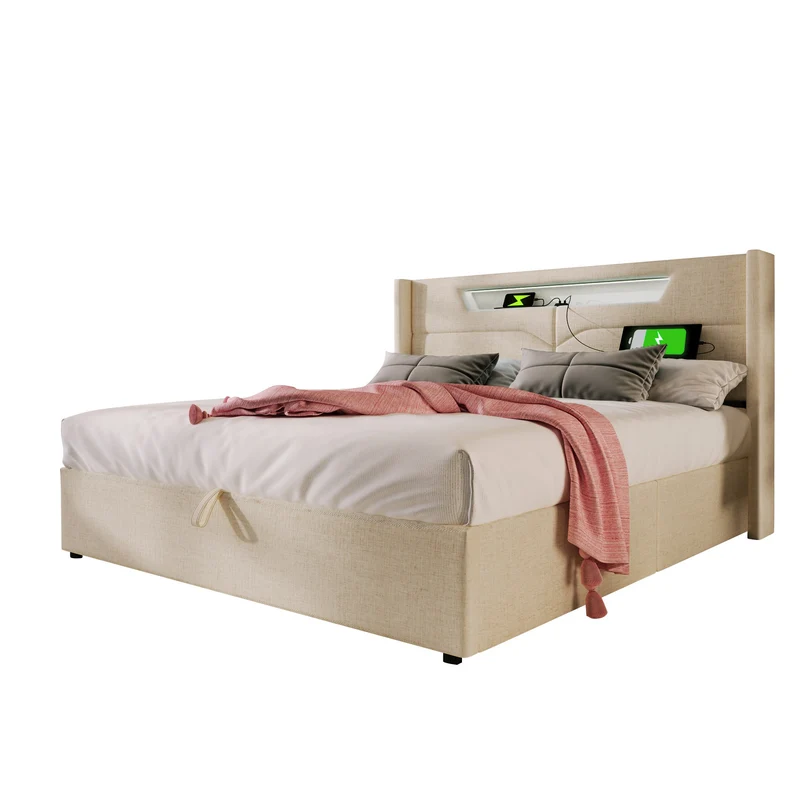Lit double 140x200cm en lin beige avec LED, rangement, ports USB-C – Design moderne et confortable