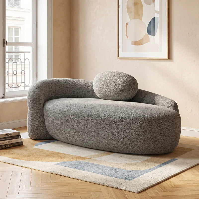 Méridienne canapé en tissu teddy gris foncé, design arrondi et minimaliste ITALIAN FABRIC PRIME