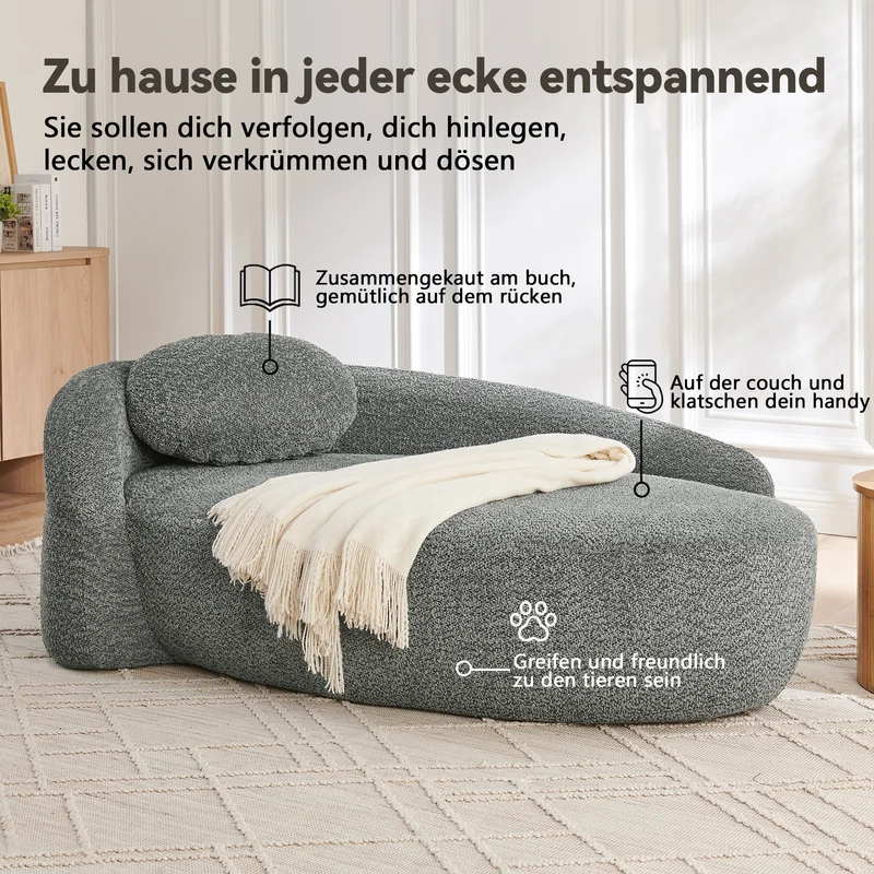 Méridienne canapé en tissu teddy gris foncé, design arrondi et minimaliste ITALIAN FABRIC PRIME