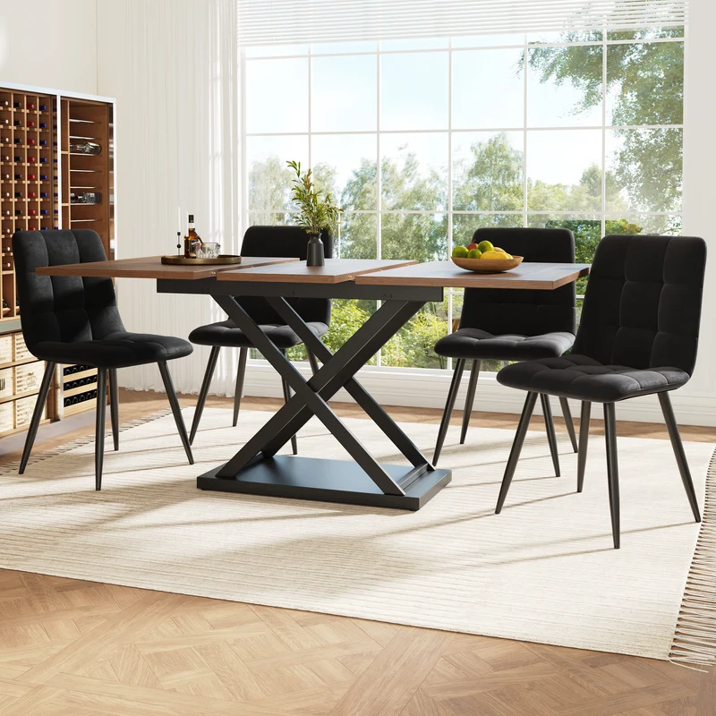 Ensemble table à manger extensible effet noyer et 4 chaises en velours noir LAMP ZONE