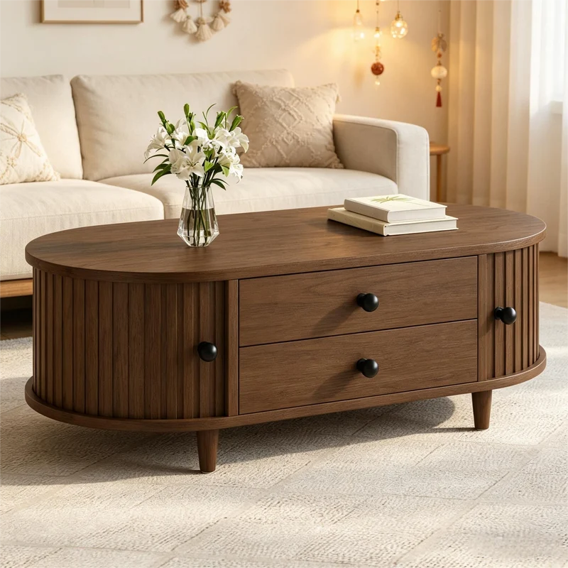 Table basse effet noyer avec portes coulissantes et tiroirs 100x50x36cm LAMP LITE