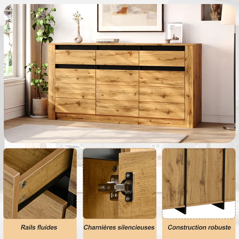 Buffet effet bois et noir 3 portes 3 tiroirs 135x35x70cm ITALIAN WALNUT MAX