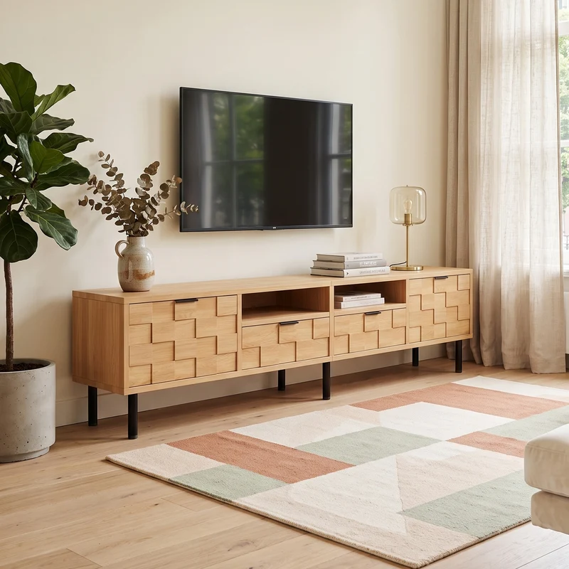 Meuble TV effet bois et noir avec portes à motifs géométriques 180x40x50cm ITALIAN GOLD LINE
