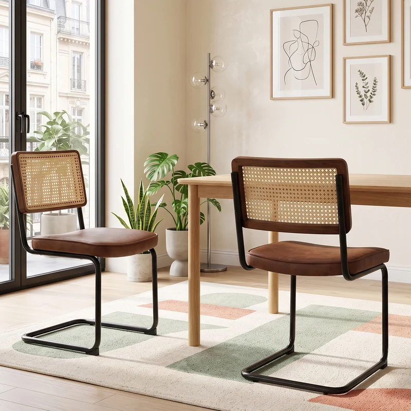 Lot de 2 chaises de salle à manger marron PU en cannage rotin, style breuer, structure acier chromé noir MINIMALISTMETALPLUS