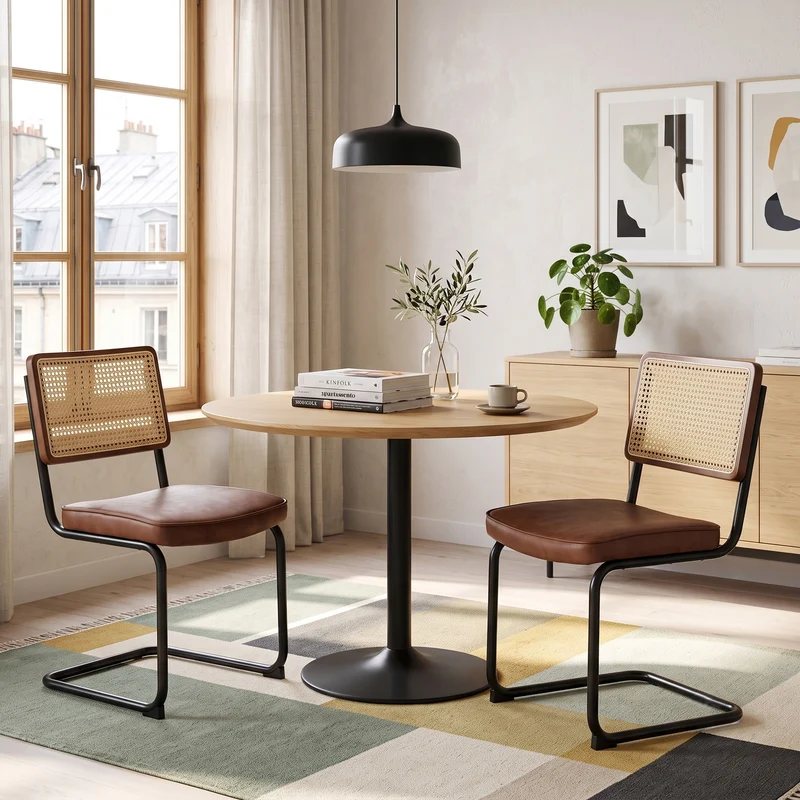 Lot de 2 chaises de salle à manger marron PU en cannage rotin, style breuer, structure acier chromé noir MINIMALISTMETALPLUS