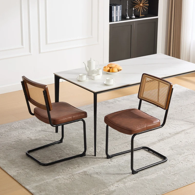 Lot de 2 chaises de salle à manger marron PU en cannage rotin, style breuer, structure acier chromé noir MINIMALISTMETALPLUS