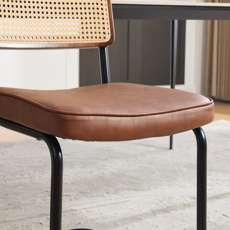 Lot de 2 chaises de salle à manger marron PU en cannage rotin, style breuer, structure acier chromé noir MINIMALISTMETALPLUS