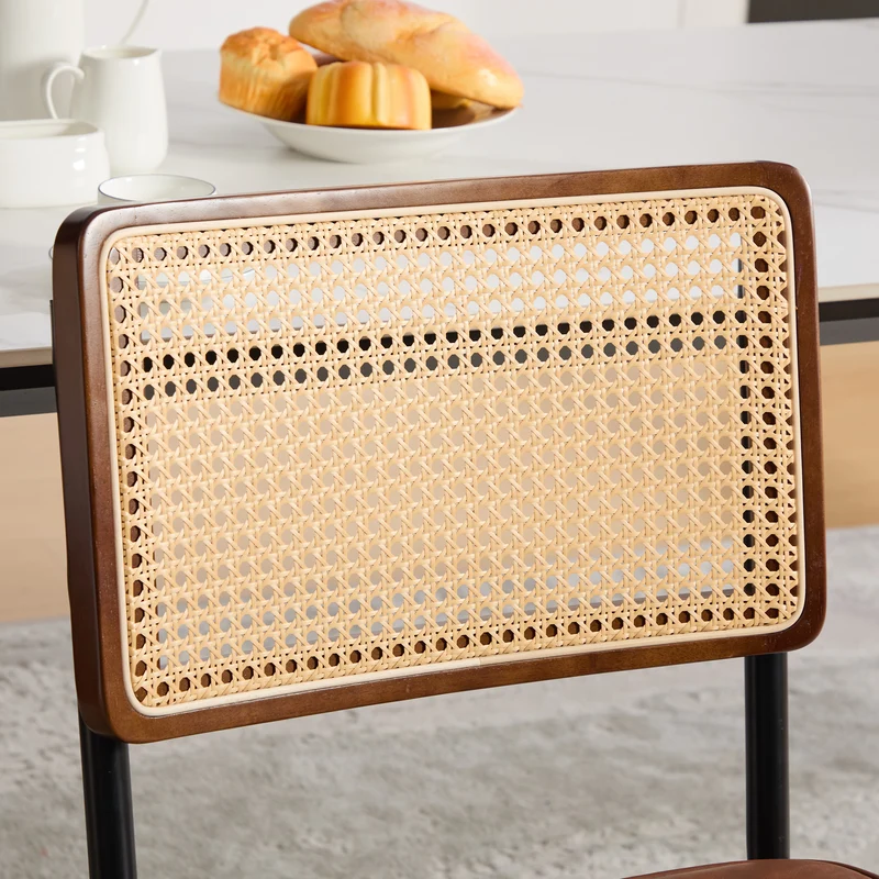 Lot de 2 chaises de salle à manger marron PU en cannage rotin, style breuer, structure acier chromé noir MINIMALISTMETALPLUS
