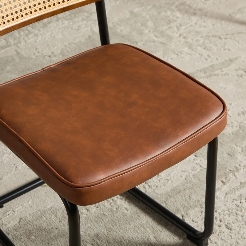 Lot de 2 chaises de salle à manger marron PU en cannage rotin, style breuer, structure acier chromé noir MINIMALISTMETALPLUS