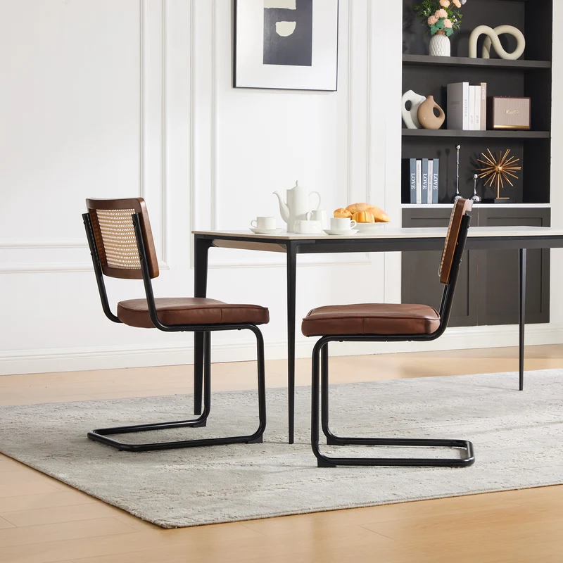 Lot de 2 chaises de salle à manger marron PU en cannage rotin, style breuer, structure acier chromé noir MINIMALISTMETALPLUS