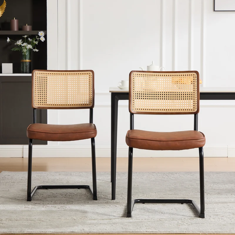 Lot de 2 chaises de salle à manger marron PU en cannage rotin, style breuer, structure acier chromé noir MINIMALISTMETALPLUS