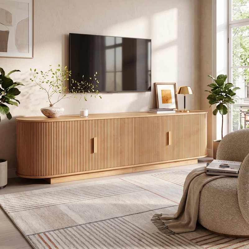 Meuble TV ovale rétro effet bois clair 4 portes au design ondulé 3D détails dorés FLEX STONE PRO