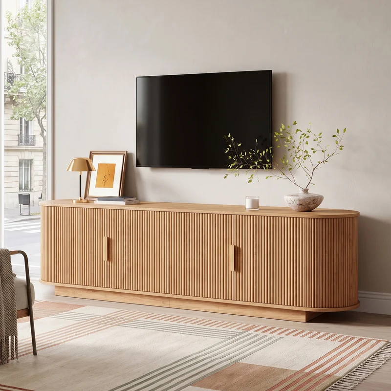 Meuble TV ovale rétro effet bois clair 4 portes au design ondulé 3D détails dorés FLEX STONE PRO